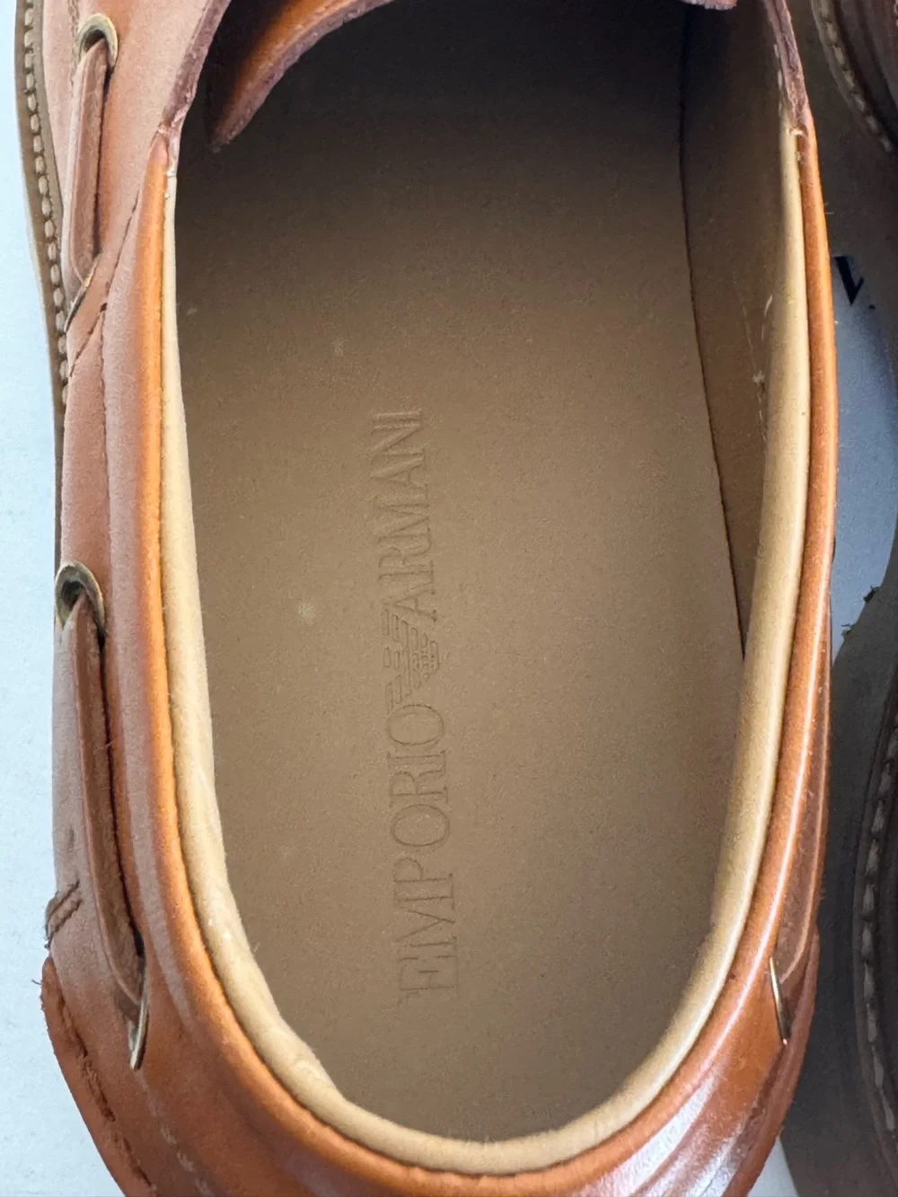 Emporio Armani Lug Sole Leather Boat Shoes Biscotto Tan Men's US 9 / UK 8 NIB